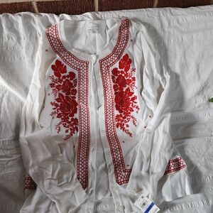 Embroidered White and Red Women's Top